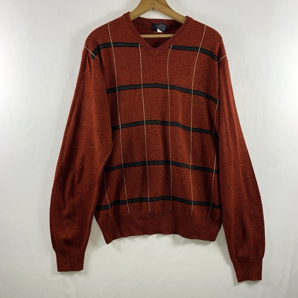 Mens Windowpane Plaid Lightweight V Neck Pullover Sweater Large Preppy Grandpa